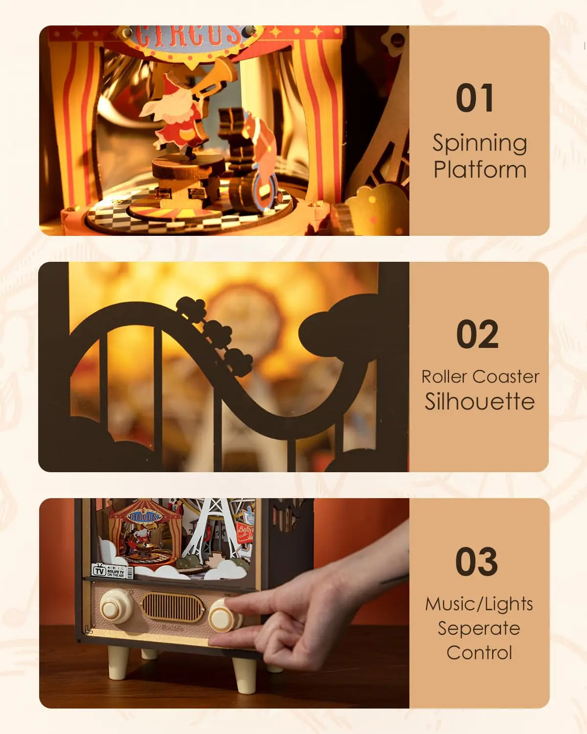 Rolife Sunset Carnival 3D Wooden Music Box with Lights