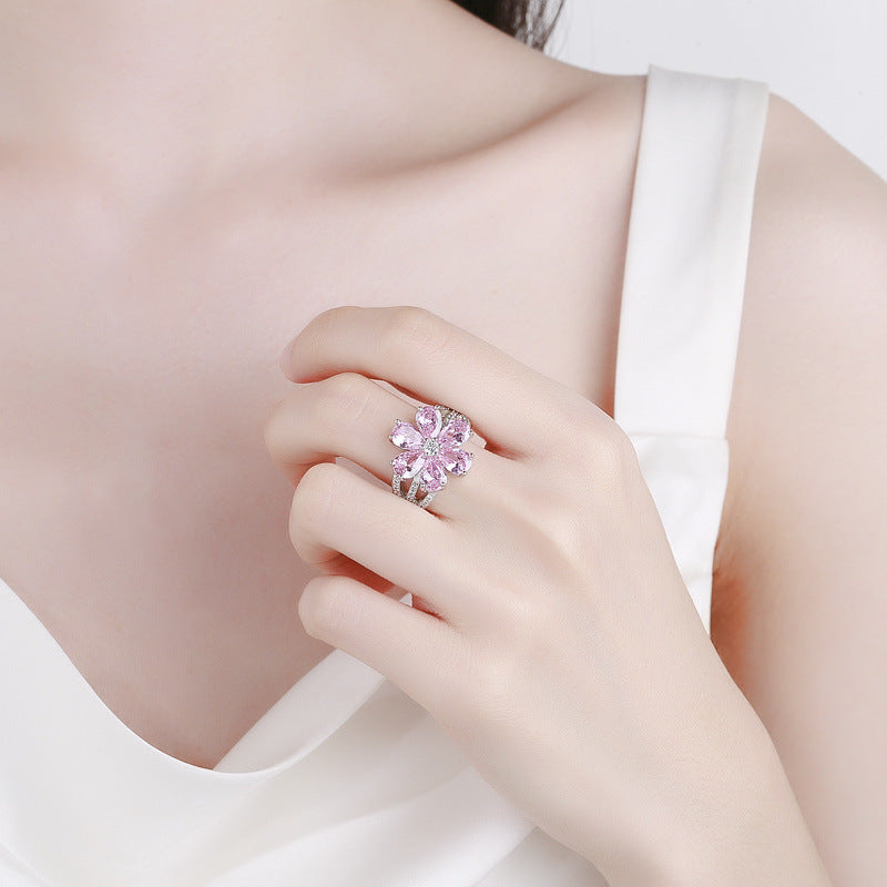 Elegant Cherry Blossom Ring – Niche Mori Style with Diamond Accent